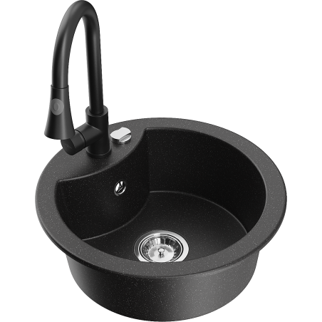 Mexen Diego granite kitchen sink 1-bowl with Elia kitchen faucet, black/silver metallic - 6512-73-670101-70