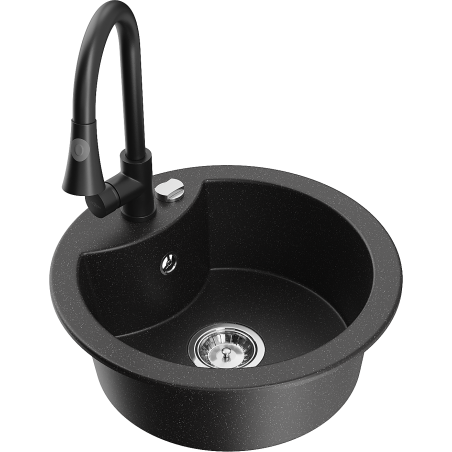 Mexen Diego granite sink 1-bowl with Elia kitchen faucet, black/silver metallic - 6512-73-670101-70
