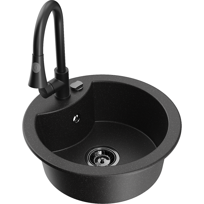 Mexen Diego 1-bowl granite sink with Elia kitchen tap, black/silver metallic - 6512-73-670101-70-B