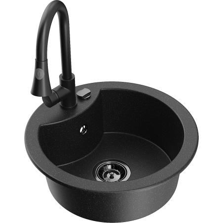 Mexen Diego 1-bowl granite sink with Elia kitchen faucet, black/silver metallic - 6512-73-670101-70-B