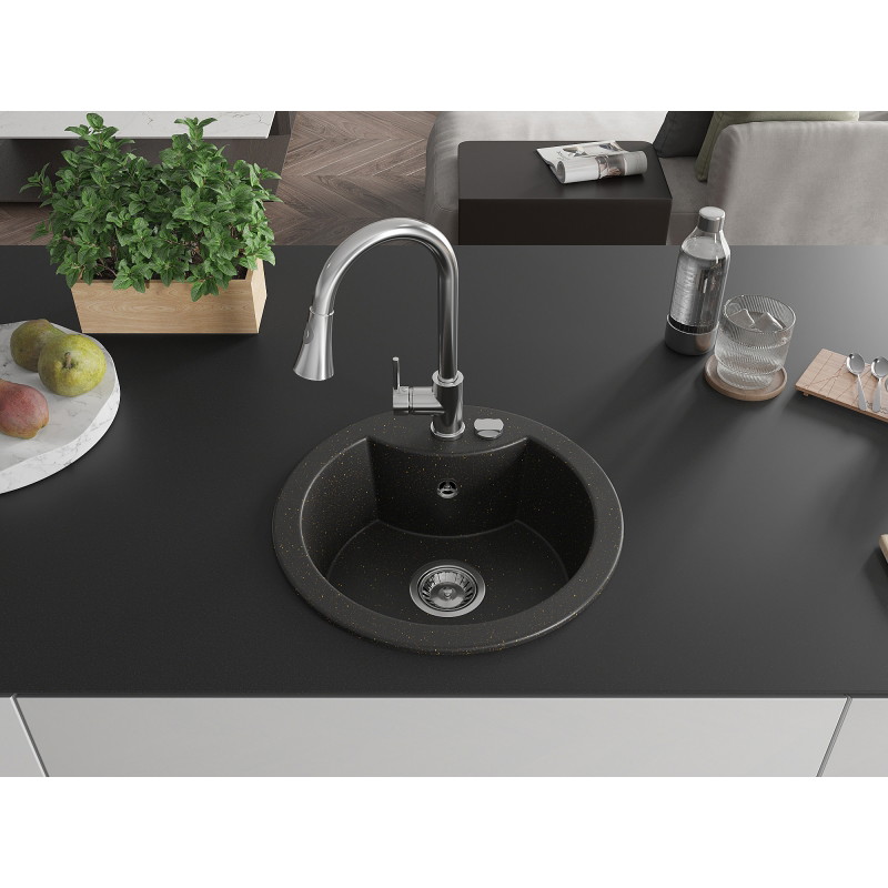 Mexen Diego granit sink single-bowl with kitchen faucet Elia, black/golden metallic - 6512-75-670101-00