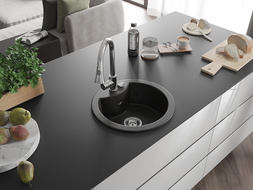 Mexen Diego 1-compartment granite sink with a kitchen mixer tap Elia, Black/Gold metallic - 6512-75-670101-00