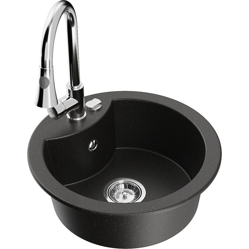Mexen Diego granit sink single-bowl with kitchen faucet Elia, black/golden metallic - 6512-75-670101-00