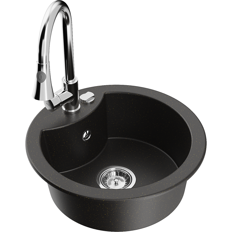 Mexen Diego one-bowl granite sink with Elia kitchen tap, black/gold metallic - 6512-75-670101-00