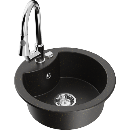 Mexen Diego granite kitchen sink 1-bowl with Elia kitchen faucet, black/gold metallic - 6512-75-670101-00