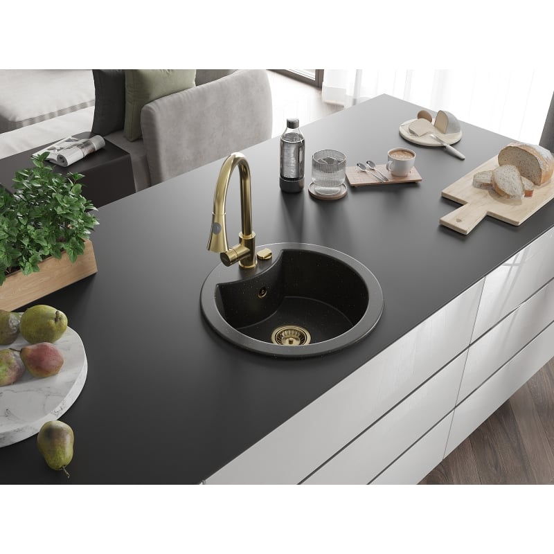 Mexen Diego 1-bowl granite sink with Elia kitchen faucet, black/gold metallic - 6512-75-670101-50