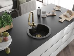Mexen Diego granite kitchen sink 1-bowl with Elia kitchen faucet, black/gold metallic - 6512-75-670101-50