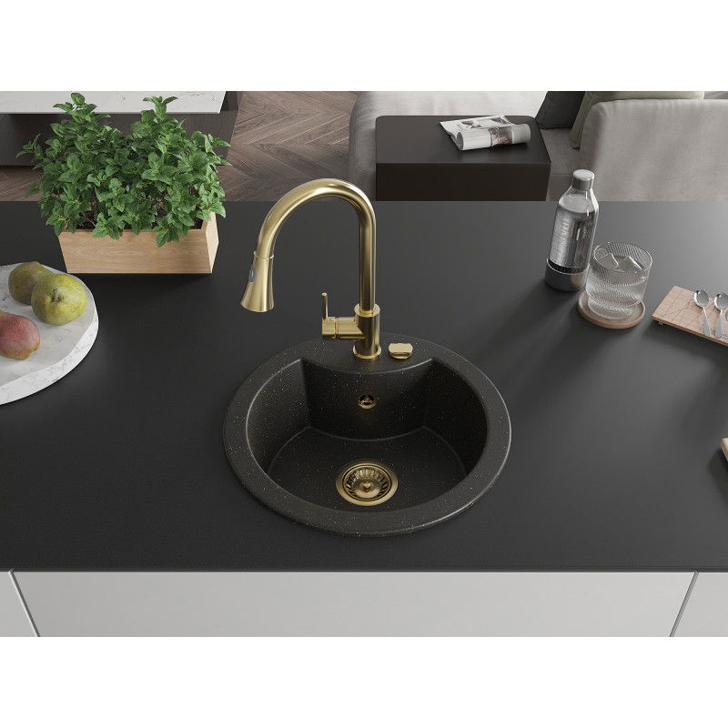 Mexen Diego Single Bowl Granite Sink with Elia Kitchen Tap, Black/Gold Metallic - 6512-75-670101-50