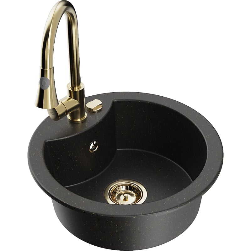 Mexen Diego 1-bowl granite sink with Elia kitchen faucet, black/gold metallic - 6512-75-670101-50