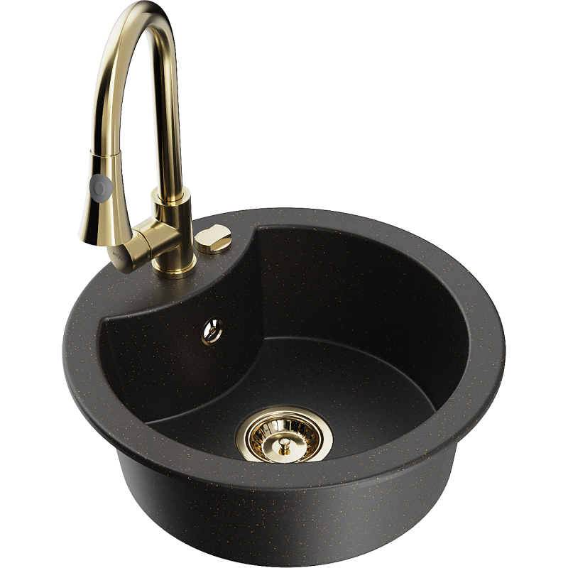 Mexen Diego Single Bowl Granite Sink with Elia Kitchen Tap, Black/Gold Metallic - 6512-75-670101-50