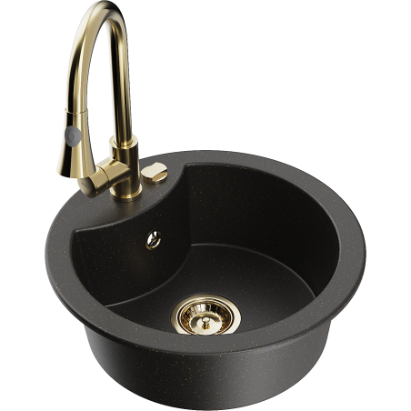 Mexen Diego granite kitchen sink 1-bowl with Elia kitchen faucet, black/gold metallic - 6512-75-670101-50