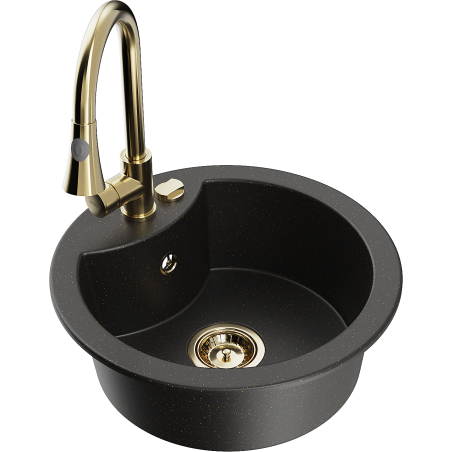 Mexen Diego Single Bowl Granite Sink with Elia Kitchen Tap, Black/Gold Metallic - 6512-75-670101-50