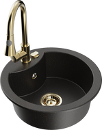 Mexen Diego Single Bowl Granite Sink with Elia Kitchen Tap, Black/Gold Metallic - 6512-75-670101-50