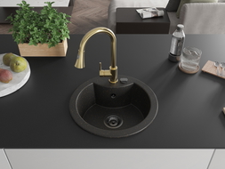 Mexen Diego granite kitchen sink 1-bowl with kitchen faucet Elia, black/gold metallic - 6512-75-670101-50-B