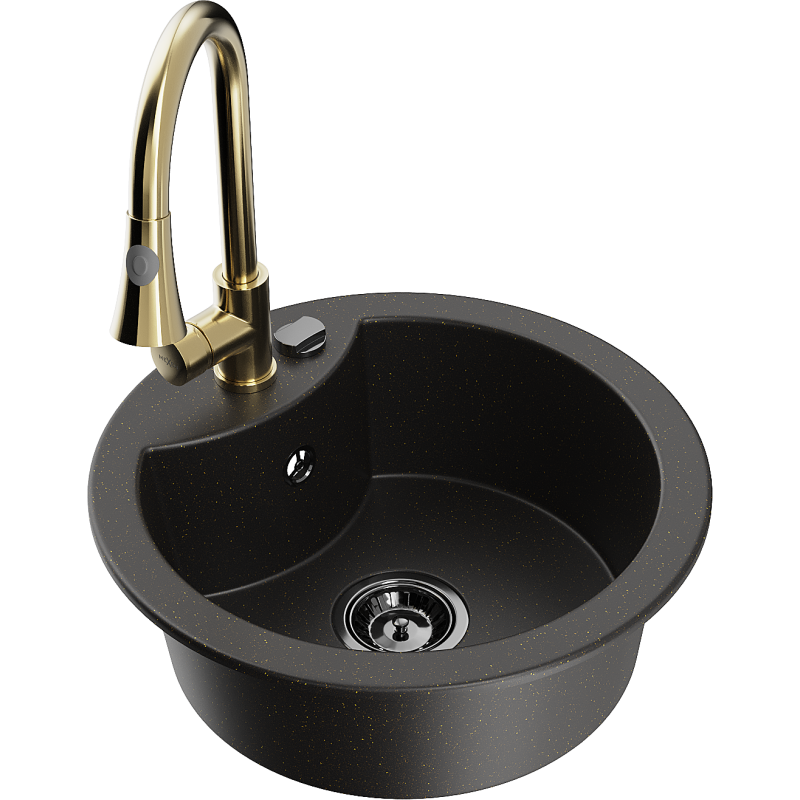 Mexen Diego 1-compartment granite sink with a kitchen mixer tap Elia, Black/Gold metallic - 6512-75-670101-50-B