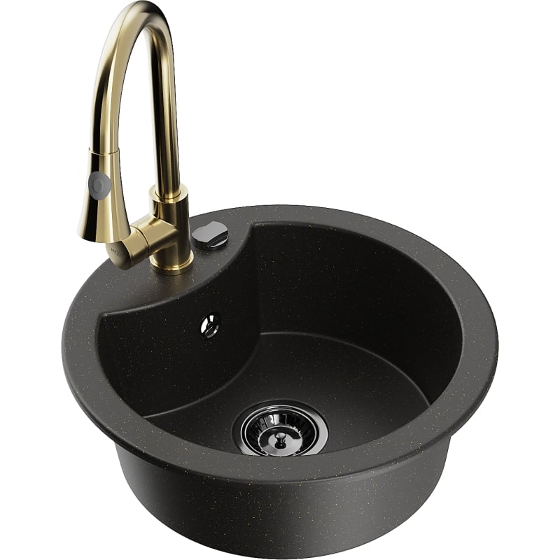 Mexen Diego granite kitchen sink 1-bowl with kitchen faucet Elia, black/gold metallic - 6512-75-670101-50-B