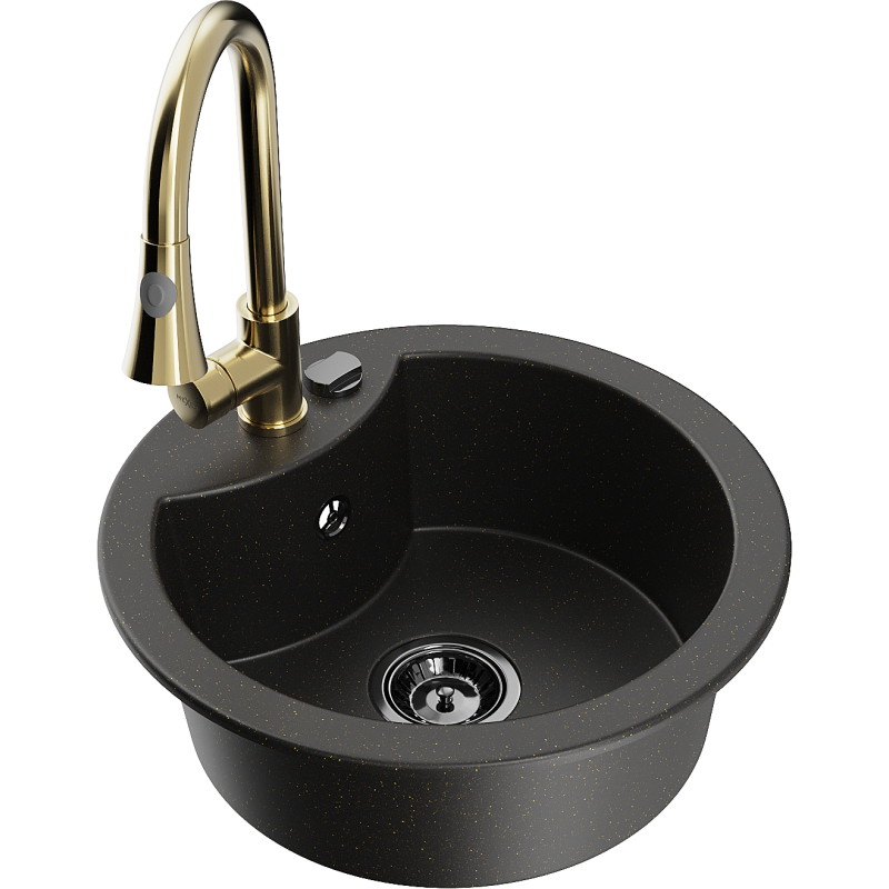 Mexen Diego granite kitchen sink with 1 basin and Elia kitchen faucet, black/gold metallic - 6512-75-670101-50-B