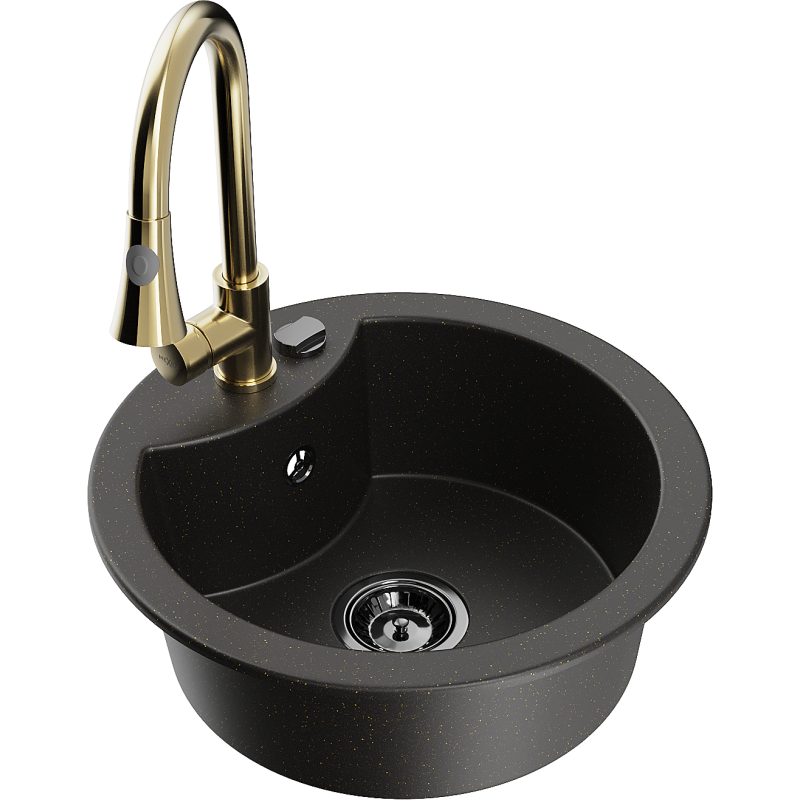 Mexen Diego granite sink 1-bowl with Elia kitchen tap, black/gold metallic - 6512-75-670101-50-B