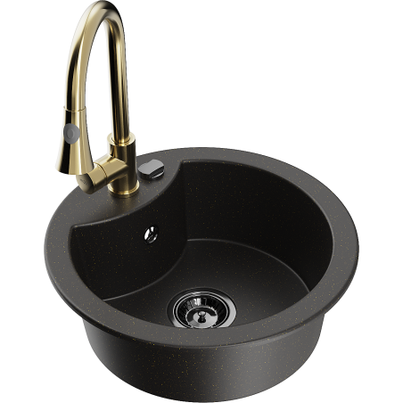Mexen Diego 1-compartment granite sink with a kitchen mixer tap Elia, Black/Gold metallic - 6512-75-670101-50-B