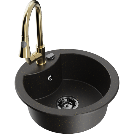 Mexen Diego granite sink 1-bowl with Elia kitchen tap, black/gold metallic - 6512-75-670101-50-B