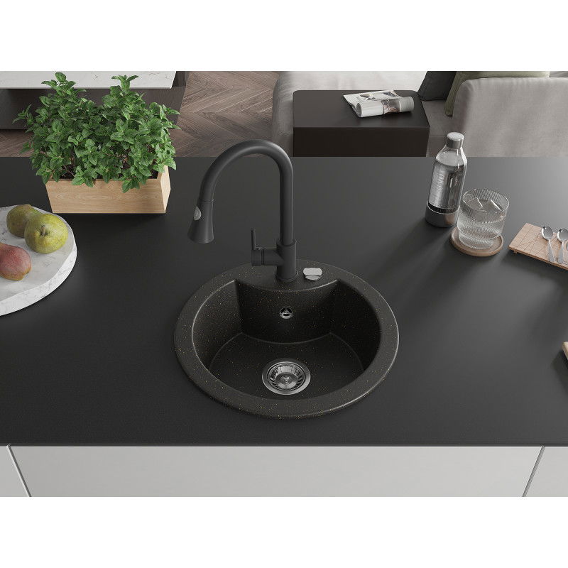 Mexen Diego granite sink 1-bowl with Elia kitchen tap, black/gold metallic - 6512-75-670101-70