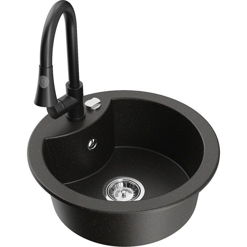Mexen Diego 1-bowl granite sink with Elia kitchen faucet, black/gold metallic - 6512-75-670101-70