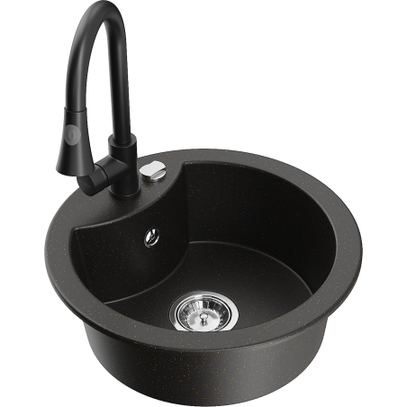 Mexen Diego granite sink 1-bowl with Elia kitchen tap, black/gold metallic - 6512-75-670101-70