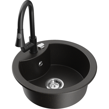Mexen Diego single-bowl granite sink with Elia kitchen faucet, black/gold metallic - 6512-75-670101-70