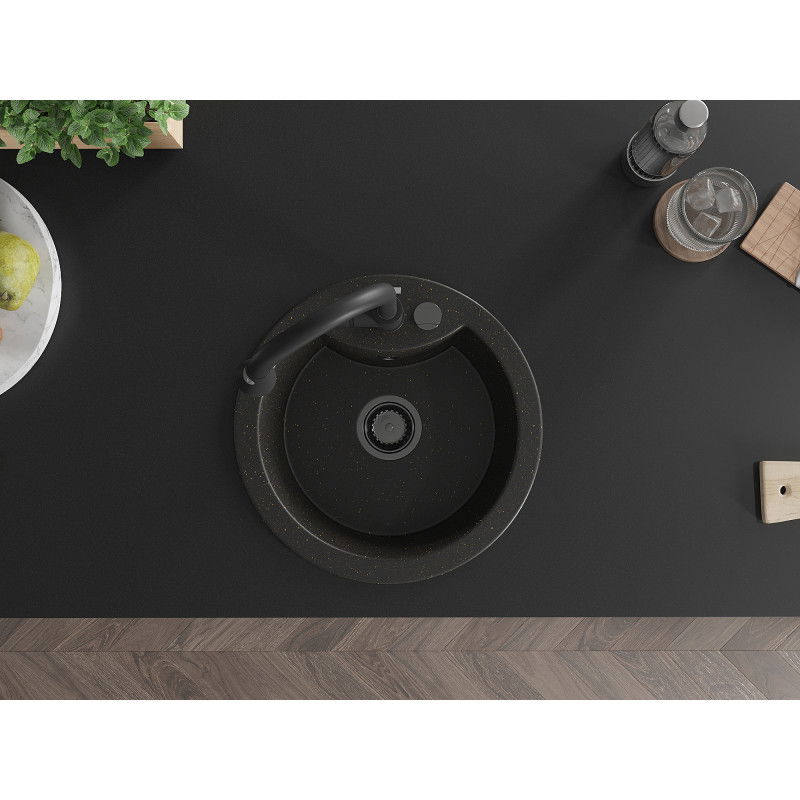 Mexen Diego 1-bowl granite sink with Elia kitchen tap, black/gold metallic - 6512-75-670101-70-B