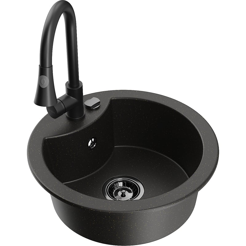 Mexen Diego 1-bowl granite sink with Elia kitchen faucet, black/gold metallic - 6512-75-670101-70-B