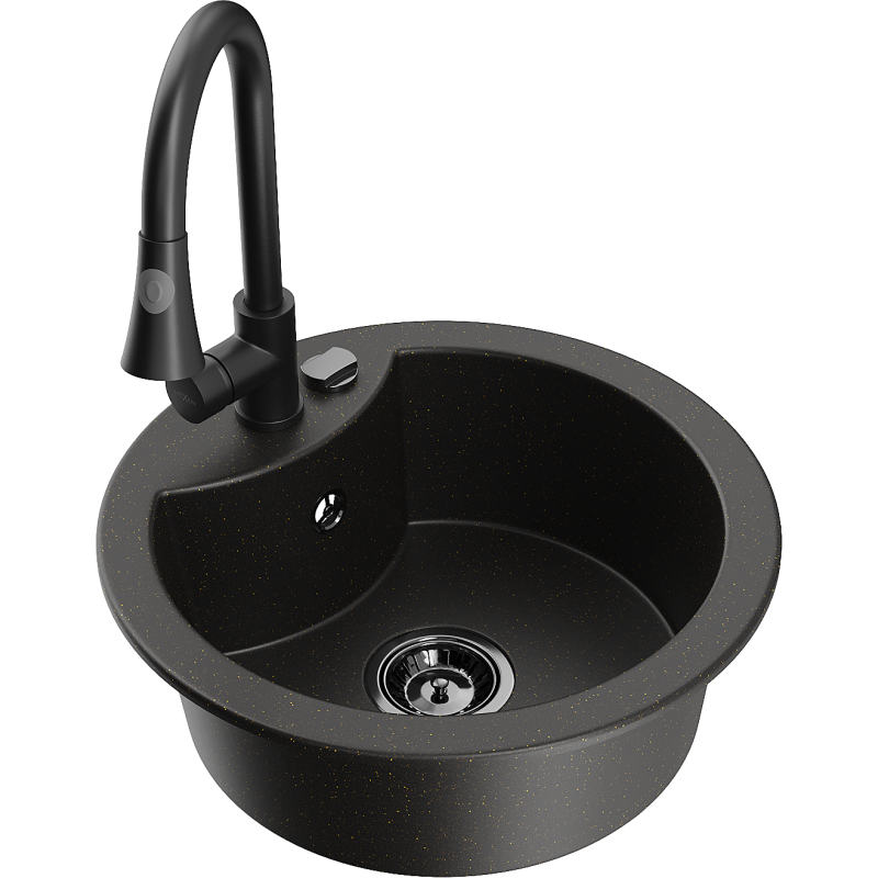 Mexen Diego 1-bowl granite sink with Elia kitchen tap, black/gold metallic - 6512-75-670101-70-B