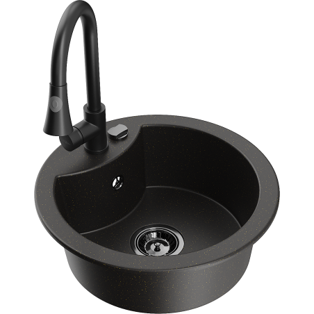 Mexen Diego 1-compartment granite sink with a kitchen mixer tap Elia, Black/Gold metallic - 6512-75-670101-70-B
