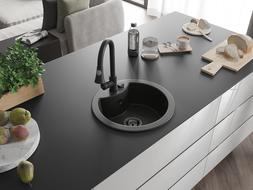 Mexen Diego 1-compartment granite sink with a kitchen mixer tap Elia, Black/Gold metallic - 6512-75-670101-70-B