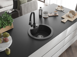 Mexen Diego 1-compartment granite sink with a kitchen mixer tap Elia, spotted black - 6512-76-670101-70