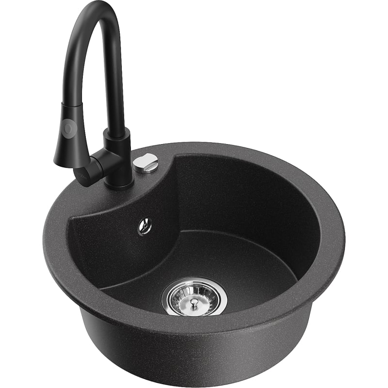 Mexen Diego 1-bowl granite sink with kitchen faucet Elia, black speckled - 6512-76-670101-70