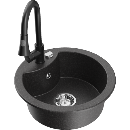 Mexen Diego granite sink 1-bowl with Elia kitchen tap, speckled black - 6512-76-670101-70