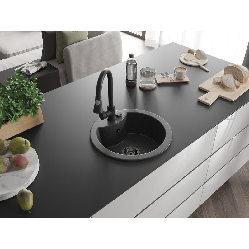 Mexen Diego 1-bowl granite sink with Elia kitchen faucet, speckled black - 6512-76-670101-70-B