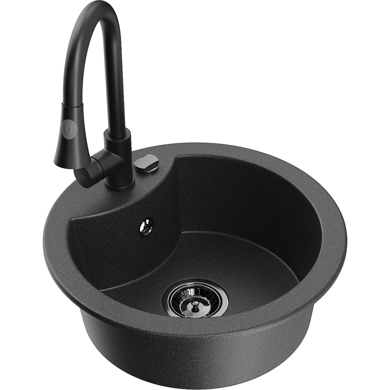 Mexen Diego 1-bowl granite sink with Elia kitchen faucet, speckled black - 6512-76-670101-70-B