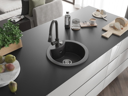Mexen Diego 1-bowl granite kitchen sink with Elia faucet, speckled black - 6512-76-670101-76