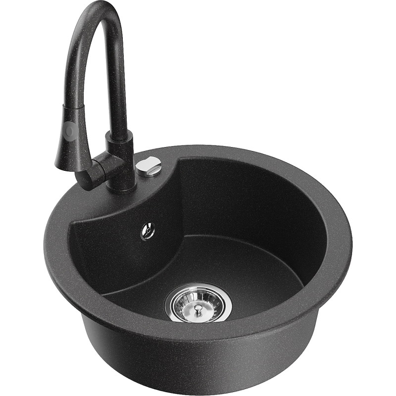 Mexen Diego 1-bowl granite kitchen sink with Elia faucet, speckled black - 6512-76-670101-76