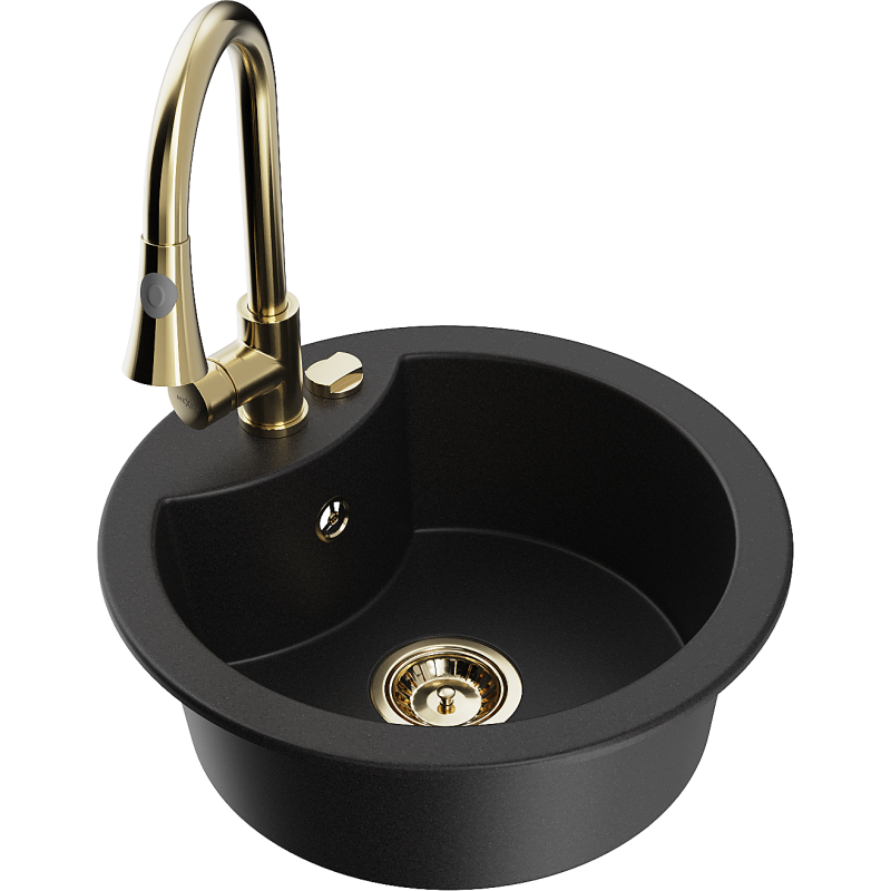 Mexen Diego granite sink 1-bowl with Elia kitchen tap, black - 6512-77-670101-50
