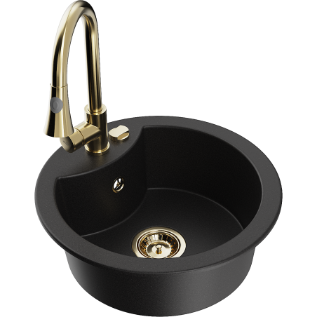 Mexen Diego granite sink 1-bowl with Elia kitchen tap, black - 6512-77-670101-50