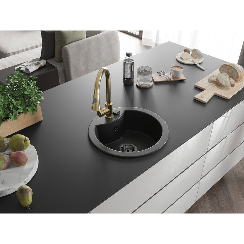 Mexen Diego 1-bowl granite kitchen sink with Elia kitchen tap, black - 6512-77-670101-50-B