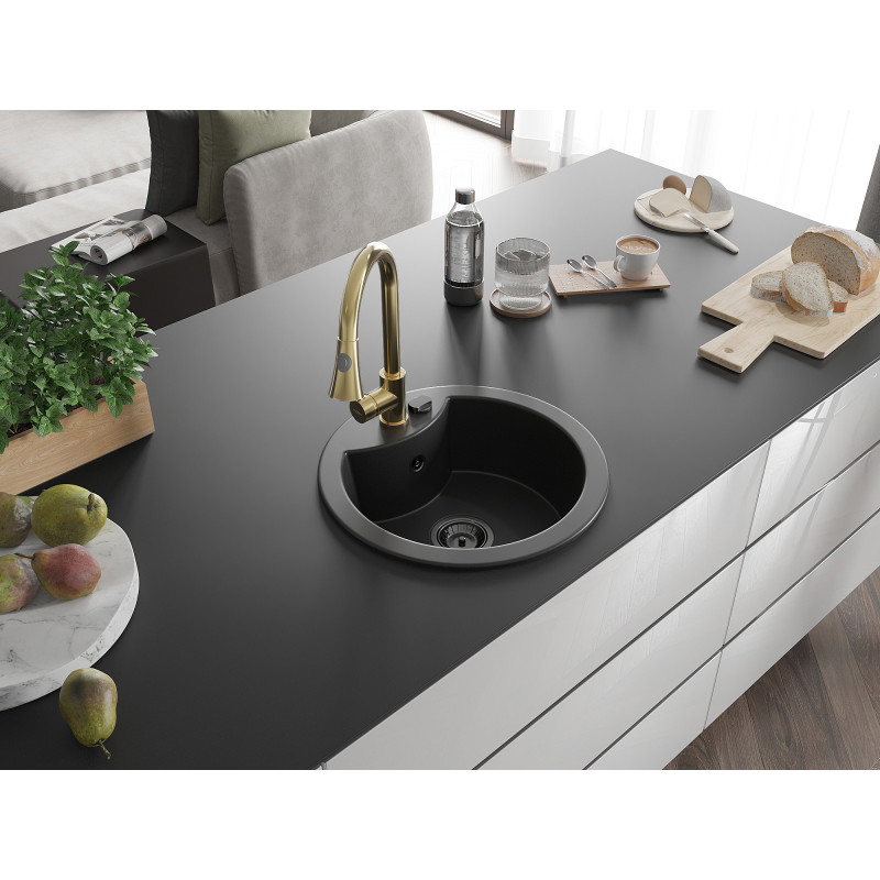 Mexen Diego granite single-bowl sink with Elia kitchen faucet, black - 6512-77-670101-50-B