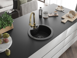 Mexen Diego 1-compartment granite sink with a kitchen mixer tap Elia, Black - 6512-77-670101-50-B