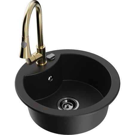 Mexen Diego 1-compartment granite sink with a kitchen mixer tap Elia, Black - 6512-77-670101-50-B