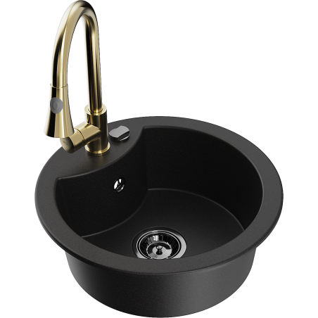 Mexen Diego granite single-bowl sink with Elia kitchen faucet, black - 6512-77-670101-50-B