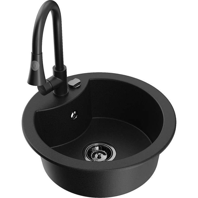 Mexen Diego 1-Bowl Granite Kitchen Sink with Elia Faucet, Black - 6512-77-670101-70-B