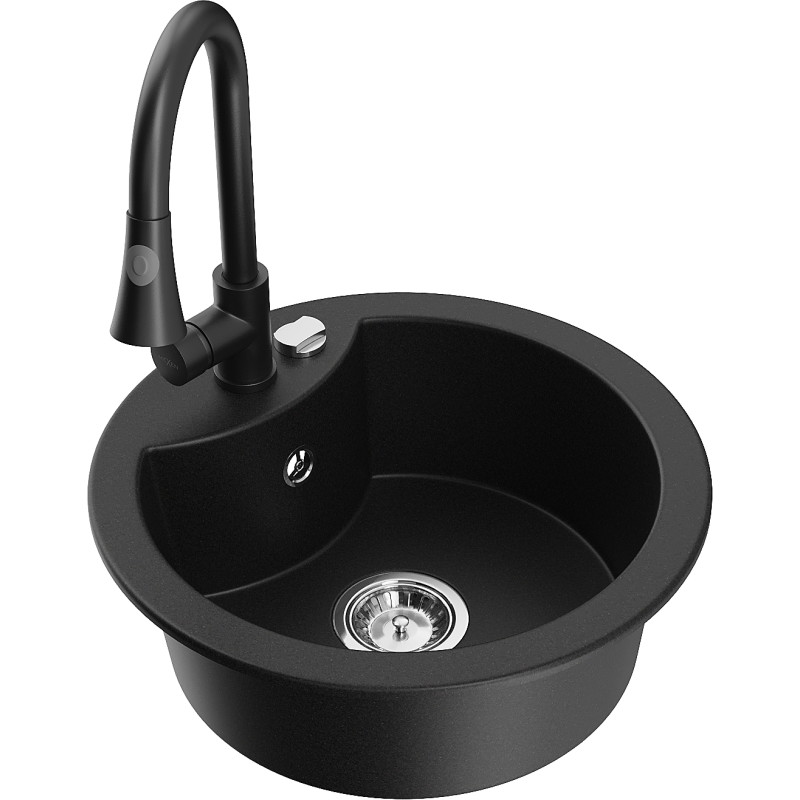 Mexen Diego granite kitchen sink 1-bowl with Elia kitchen faucet, black - 6512-77-670101-70