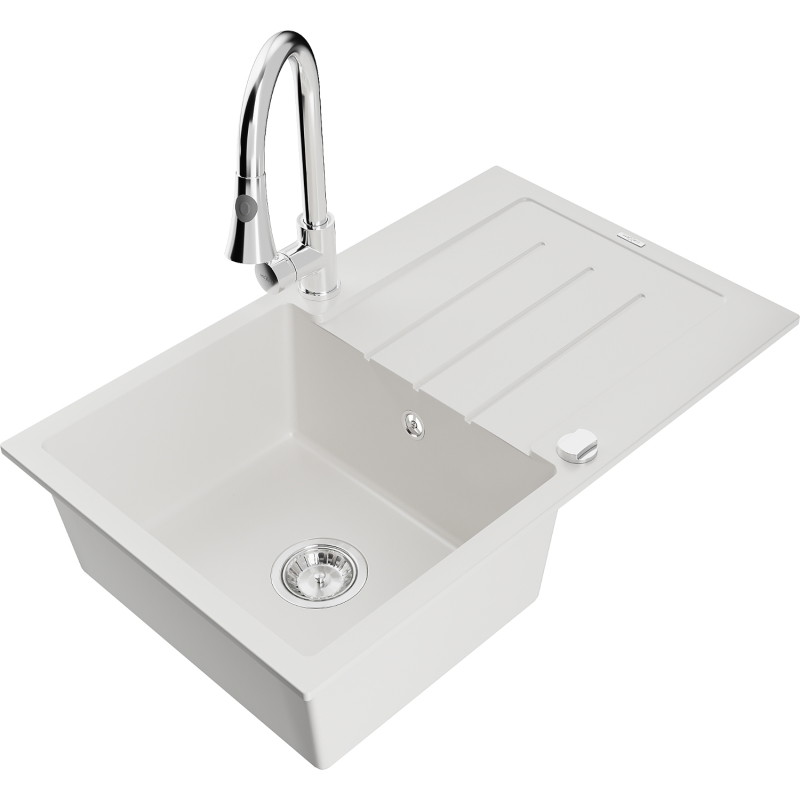 Mexen Bruno 1-bowl granite kitchen sink with drainer and Elia kitchen faucet, white - 6513-20-670101-00